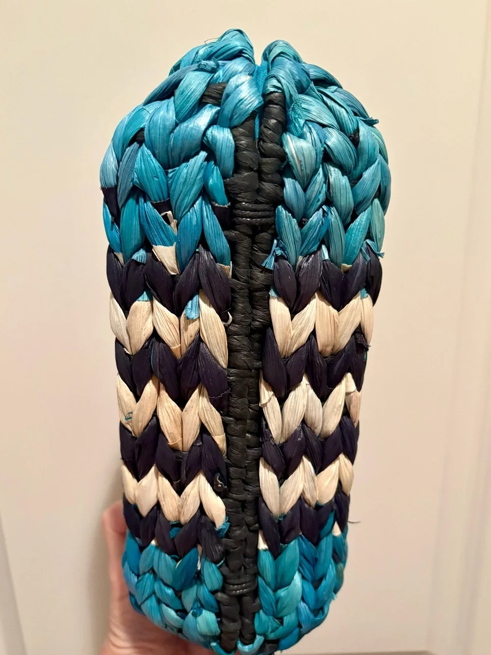 Braided Teal, Navy & Cream Crossbody Clutch with Brown Leather Strap